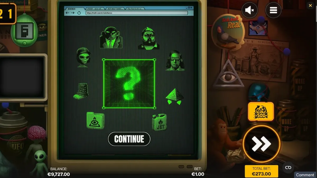 Interface do caça-níqueis Truth com tema de conspiração e estética retro de computador