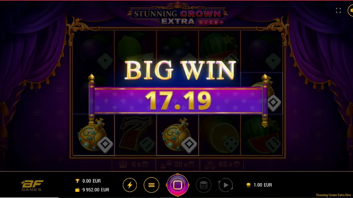 Interface do jogo Stunning Crown Extra Dice com símbolos de coroas e frutas