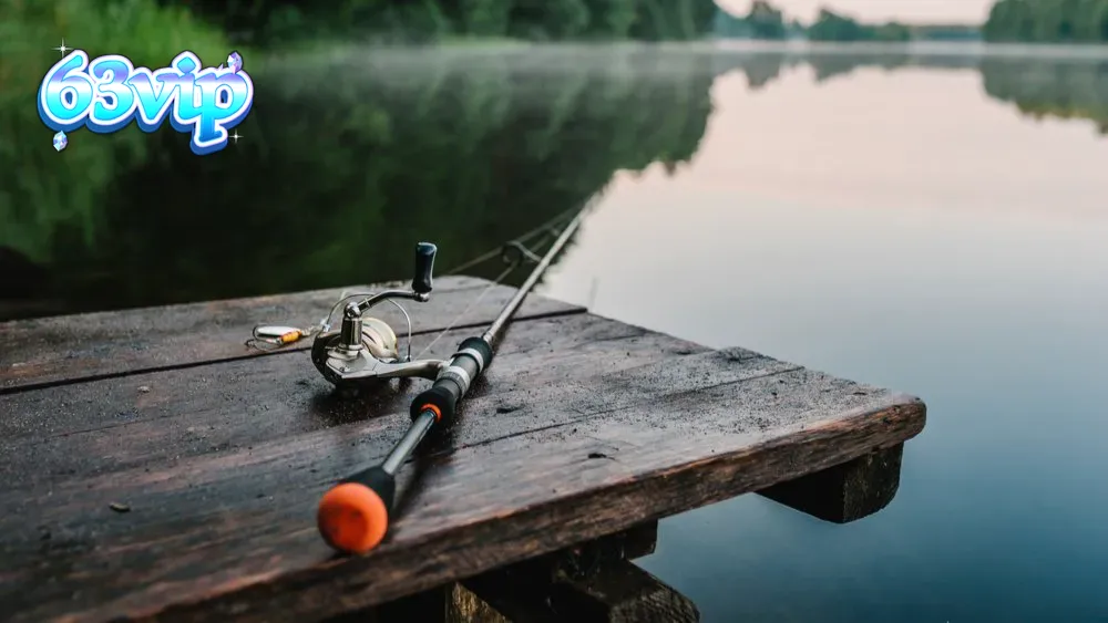 Uma representação visual de rolos de caça-níqueis em movimento com ícones temáticos de pesca e tesouros.
